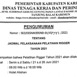 Jadwal Pelatihan Rigger 2021 Disnakerprind Karimun