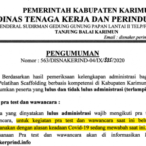 Pengumuman Hasil Seleksi Administratif Calon Peserta Pelatihan Scafolding