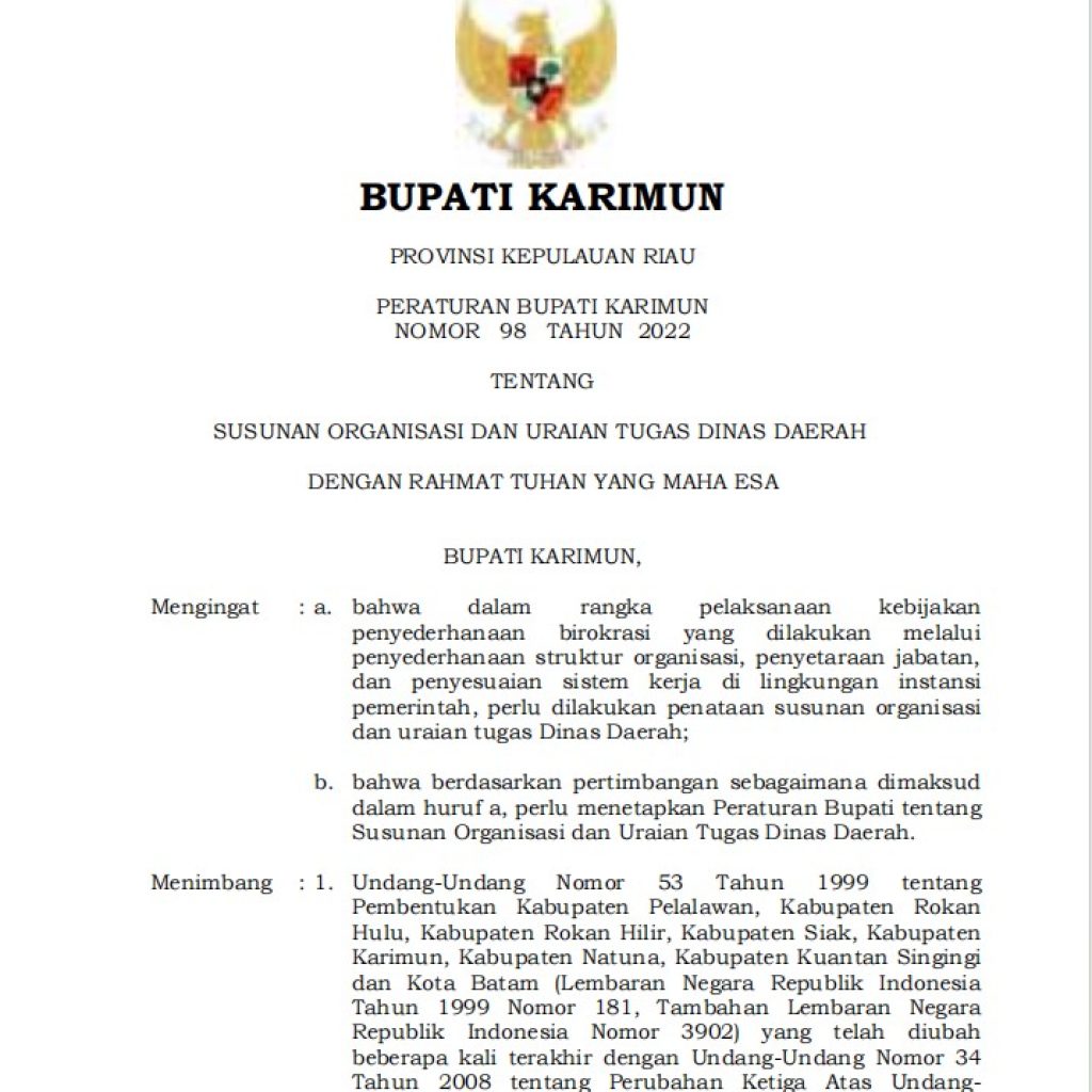 Peraturan Bupati Karimun Nomor 77 Tahun 2023 Tentang Perubahan Atas Peraturan Bupati Nomor 98 Tahun 2022 Tentang Susunan Organisasi Dan Uraian Tugas Dinas Daerah